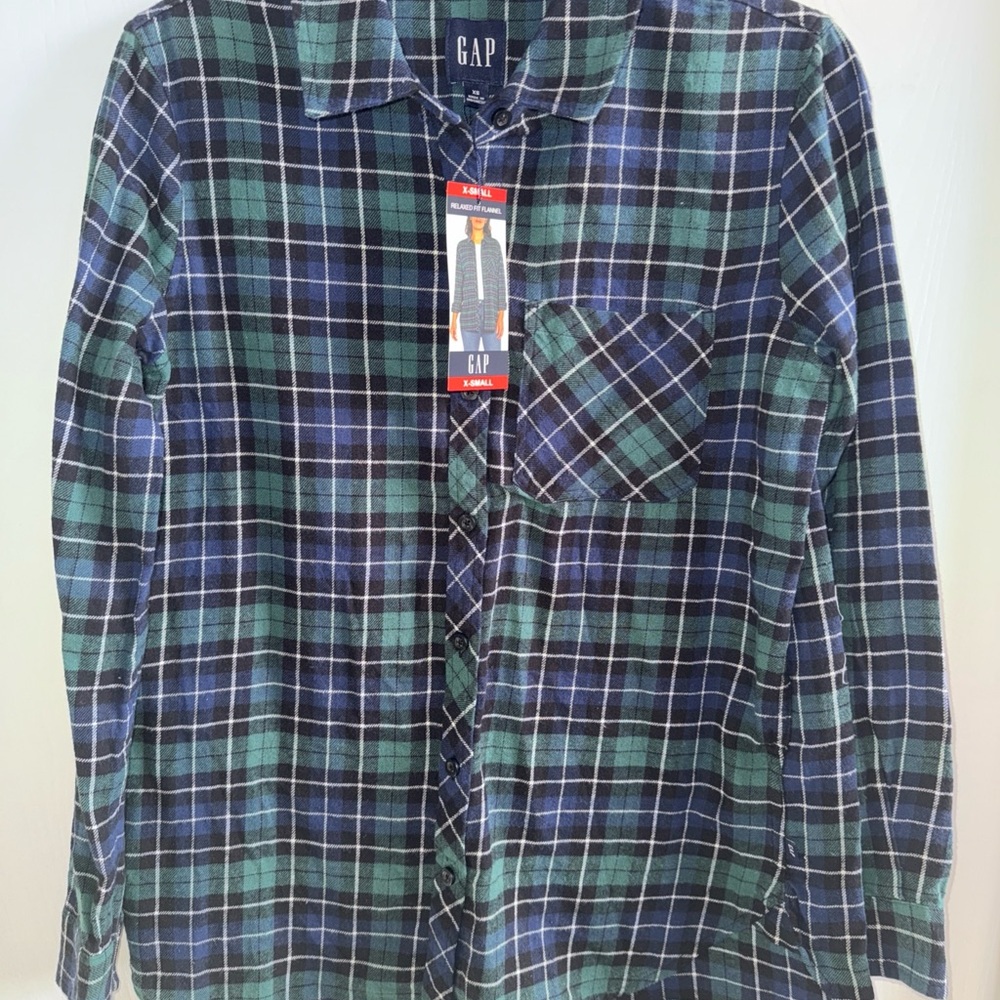 GAP Women's Blue and Green Plaid Button-Down Shirt
